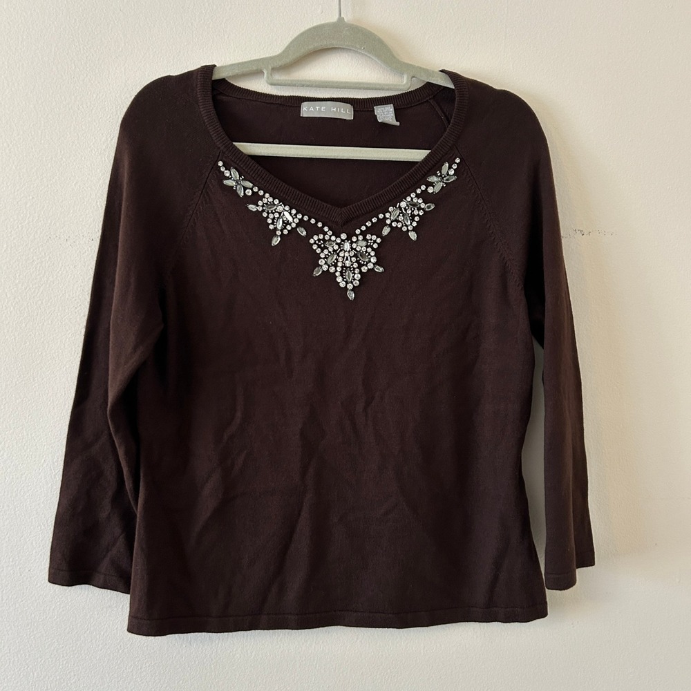 Kate Hill Vintage Brown Silk Cashmere Blend Embellished V-Neck Sweater XL
